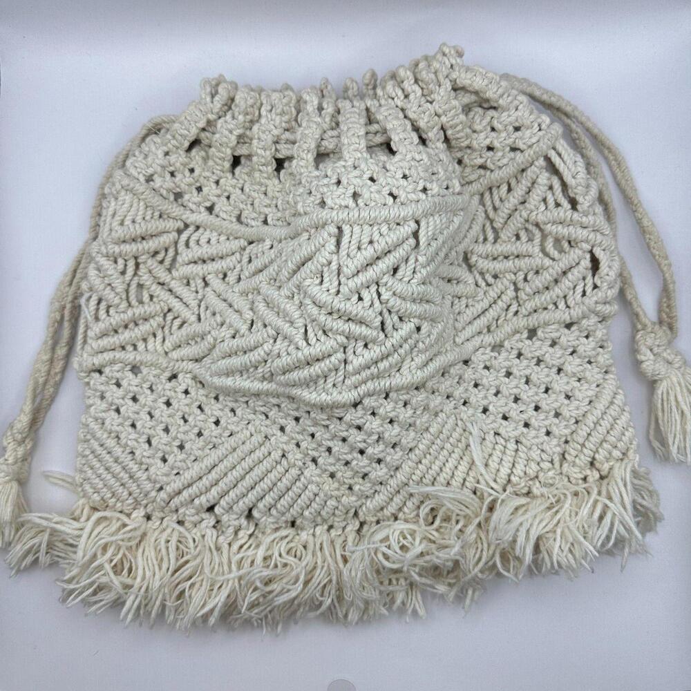 Macrame Crochet Hand Bag Ivory Western‎ Boho Tote Coastal Fringe Drawstring